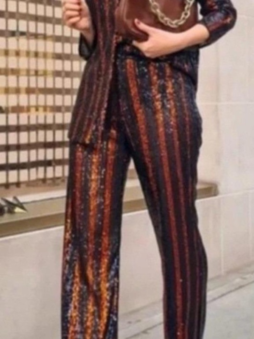 NWT Zara Sequin Striped Wide-Leg Pants in Black & Copper